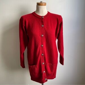 Vintage Laura Ashley Red Wool Knit Cardigan Silver Buttons Pockets Medium